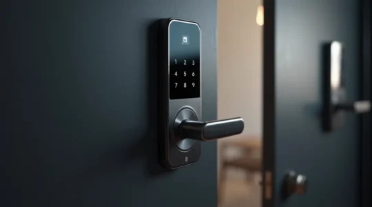 Serrure intelligente moderne sur porte, vue rapprochée avec ambiance lumineuse nette et espace négatif pour intégration textuelle