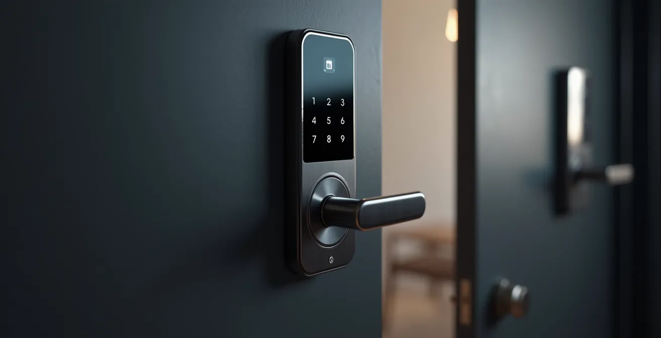 Serrure intelligente moderne sur porte, vue rapprochée avec ambiance lumineuse nette et espace négatif pour intégration textuelle