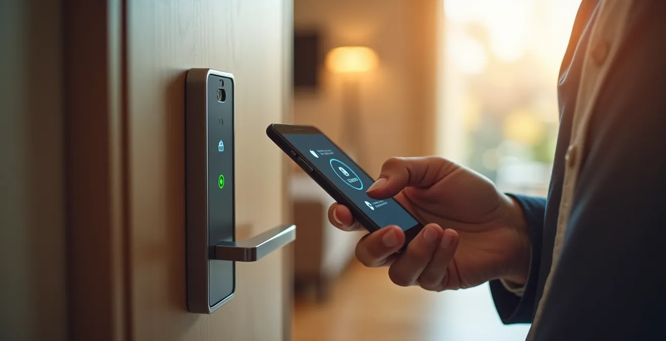 Personne utilisant application mobile pour gérer les accès temporaires de sa famille dans une maison moderne