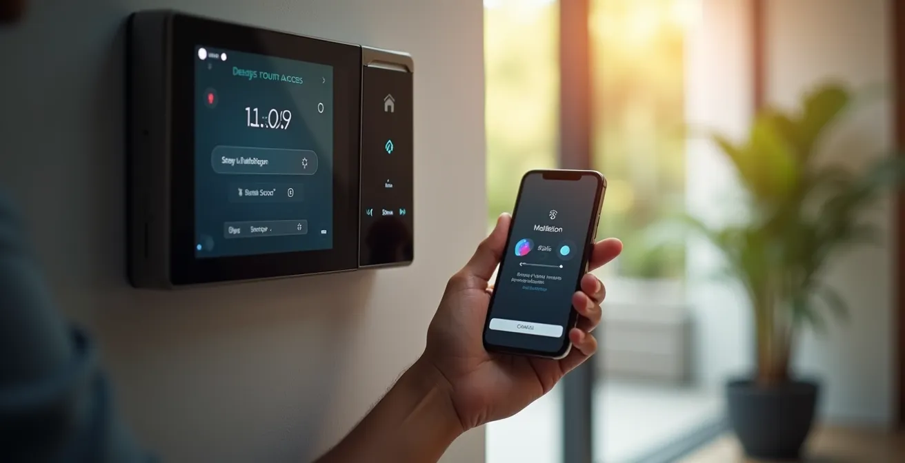 Système de contrôle d'accès intelligent utilisé via smartphone dans une maison connectée avec interface numérique et notifications visibles