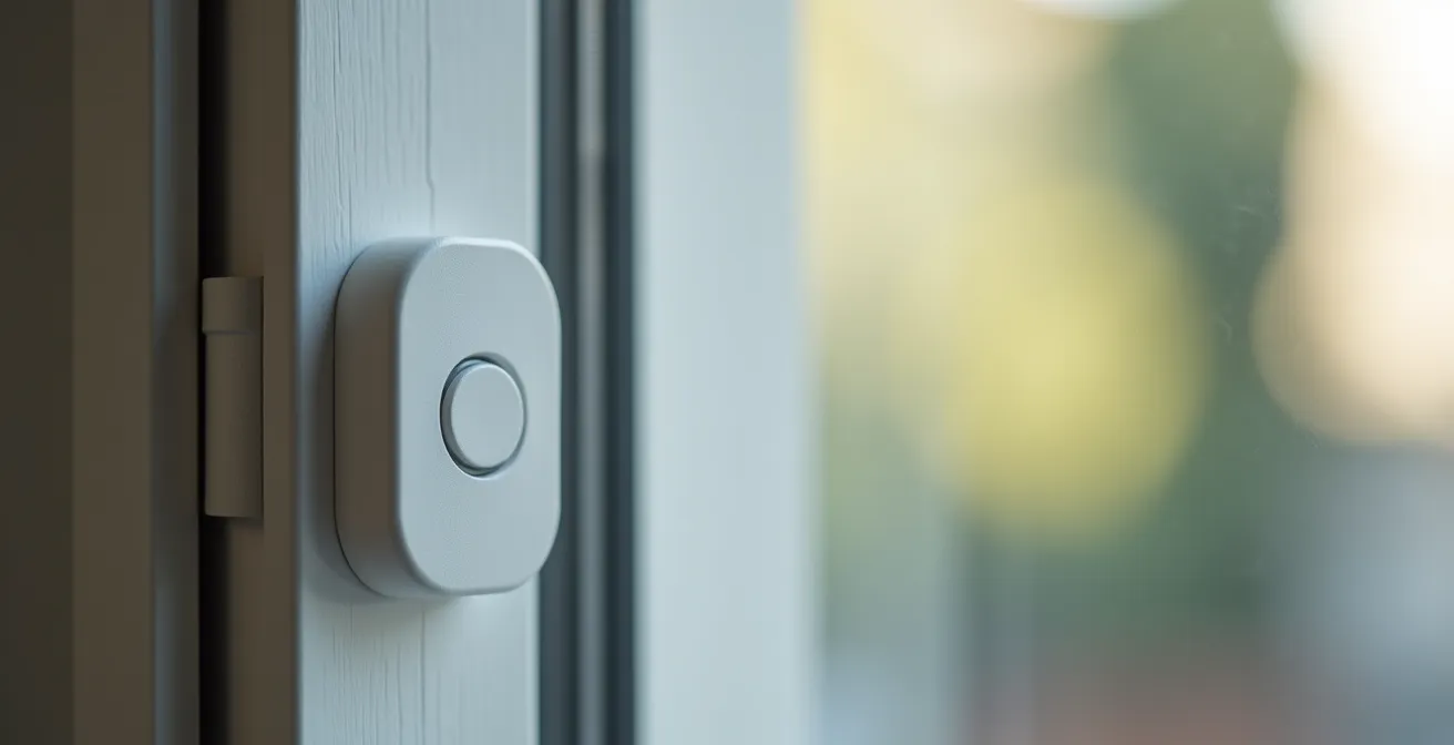 Détecteur d'ouverture magnétique installé sur une fenêtre d'appartement