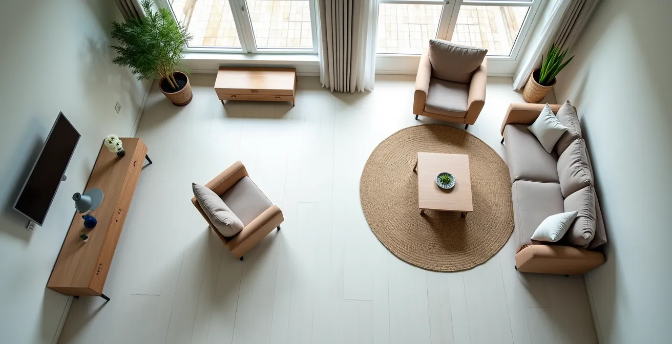 Vue aérienne d'un appartement montrant les emplacements stratégiques des capteurs